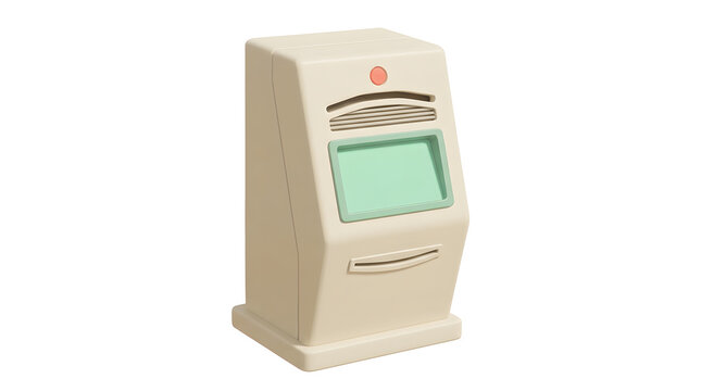 Retro terminal machine and kiosk on white background for banking, information and ticket sales. Vintage, computer and electronic with screen, slot and light for service, retail and automation.