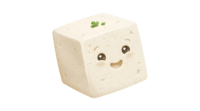 Tofu cube character, food personification and isolated on white for vegan marketing, healthy eating and vegetarian diet. Cute tofu, soy product and protein with smile, cartoon and plant-based meals
