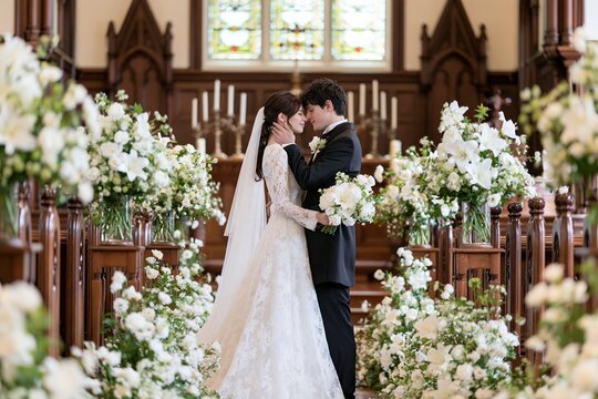 白い花飾られた教会で永遠の愛を誓う新郎新婦のウェディング