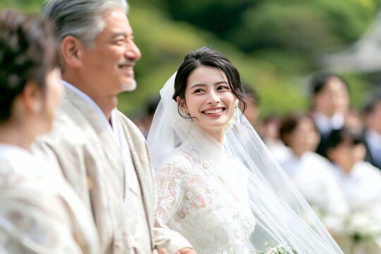 結婚式で和装の父親とウェディングドレスの花嫁が幸せな笑顔