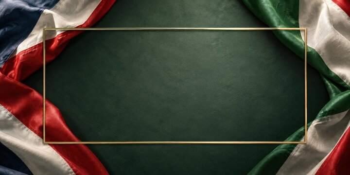 Woven national flags with a gold rectangular frame on a dark green background, featuring textured fabric and copy space for corporate campaigns