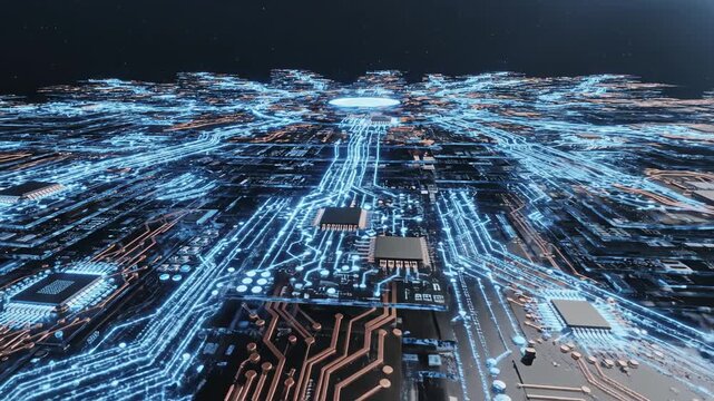 Digital city landscape with glowing blue circuits and data streams, high tech urban network, futuristic technology concept
