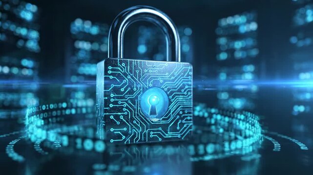 Digital padlock with glowing circuit board pattern on a background of binary code and abstract blurred blue lights, representing data security