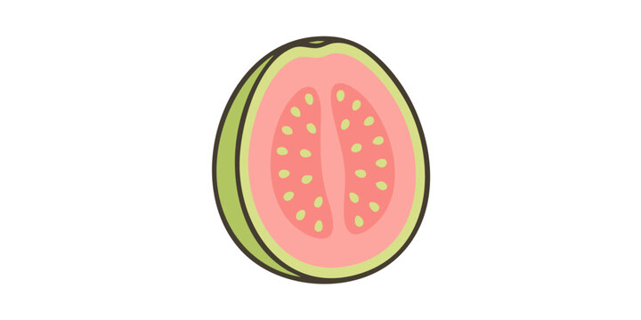 Cute vector illustration of a fresh pink guava sliced in half, showing sweet fruit and seeds