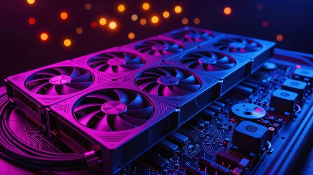 Crypto mining rig with multiple graphics cards glowing in neon pink and blue light
