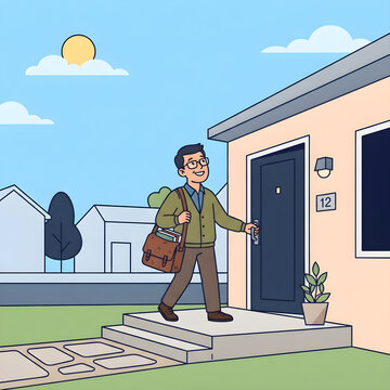 Man unlocking front door of modern house isolated on white background