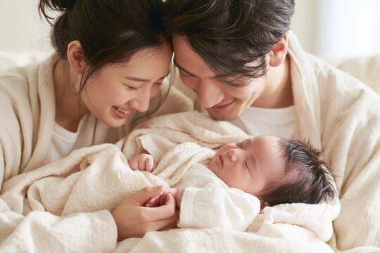 温かい夫婦が生まれたばかりの赤ちゃんを見つめる愛情深い家族の姿
