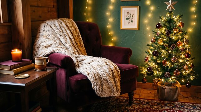 Plush velvet armchair draped in a cream knit throw sits in a cozy room featuring a glowing Christmas tree and fairy lights against a dark green wall.