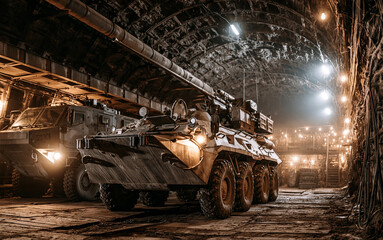 Obraz premium Military defense and combat readiness, heavy artillery and armored vehicle in a dark underground bunker for strategic warfare and national security