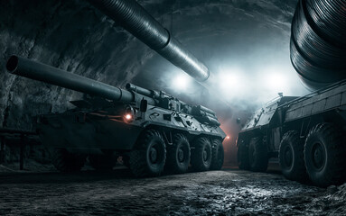 Obraz premium Military defense and combat readiness, heavy artillery and armored vehicle in a dark underground bunker for strategic warfare and national security