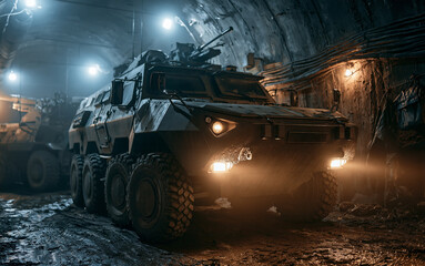 Obraz premium Military defense and combat readiness, heavy artillery and armored vehicle in a dark underground bunker for strategic warfare and national security