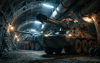 Fototapeta premium Military defense and combat readiness, heavy artillery and armored vehicle in a dark underground bunker for strategic warfare and national security