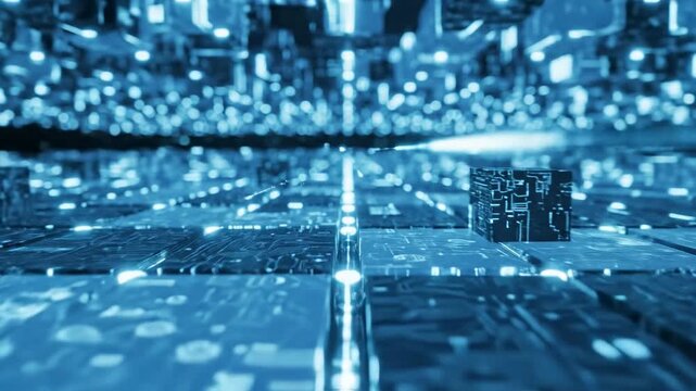 Abstract digital cityscape with glowing circuit board pathways and towering blue structures, representing futuristic technology and data flow