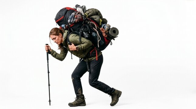 Exhausted female backpacker struggling under the weight of an overloaded backpack