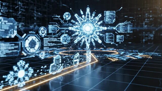 Abstract digital data flow with glowing neon icons representing cloud computing, database, and network security, representing technological advancement and data transfer