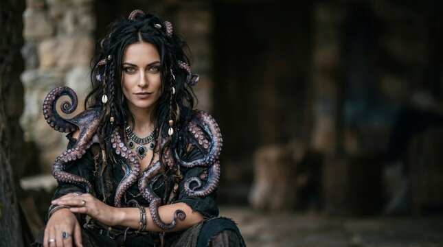 Dark fantasy portrait of a woman with octopus tentacles, braided black hair and ornate jewelry in stone ruins
