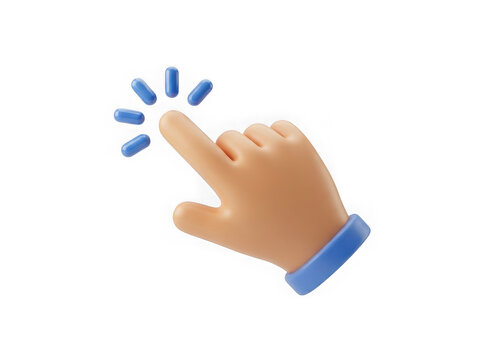 3d cartoon hand finger cursor clicking and pointing on a screen for web interface and digital technology design isolated on transparent background