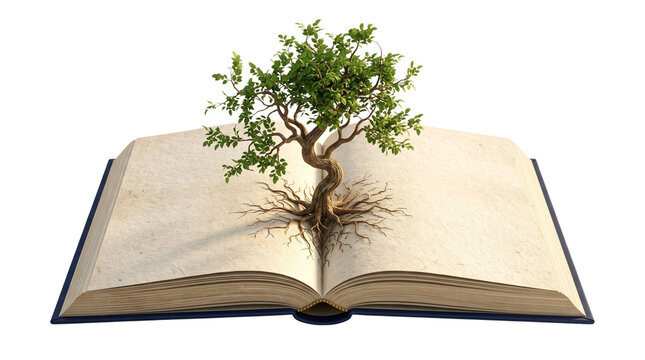 Conceptual tree growing from open book with roots, green tree of knowledge on vintage paper pages, education and wisdom concept on white background
