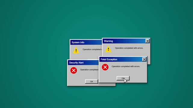 Retro Computer Error Pop Up Windows Simulating System Failure with Warnings and Fatal Exceptions on a Green Desktop Background