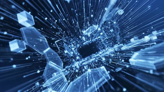 Abstract digital network structure with glowing particles and transparent geometric shapes in deep blue tones, representing data flow and connectivity