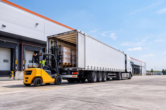 logistics center, white trailer truck loading
