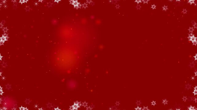 Animated floating particles and snowflakes forming a festive border on a red background