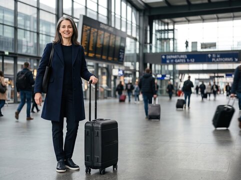 Businesswoman standing with suitcase in busy train station