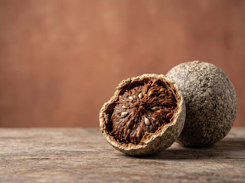 Dried bael fruit halves on wooden table with rustic background