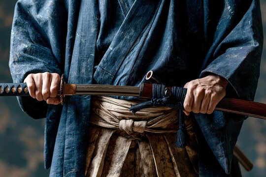 武士が日本刀を構える厳粛な瞬間歴史と伝統を感じる和装の男性