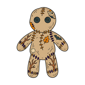 Stitched burlap voodoo doll featuring autumn and spooky motifs