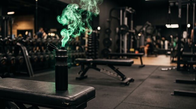 Black sports water bottle releasing eerie green smoke on a gym bench with fitness equipment in the background