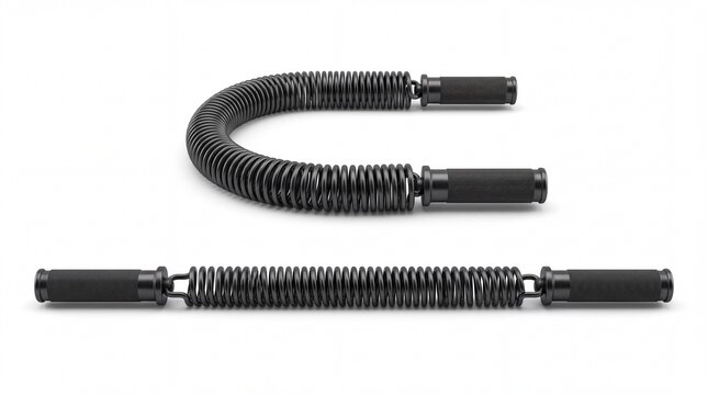 Black metallic chest expander spring fitness equipment isolated on white background