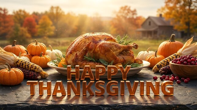 Festive thanksgiving table setting with roasted turkey and autumn harvest decorations