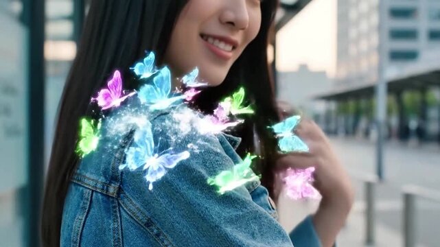Young smiling East Asian woman in denim jacket standing near urban city bus stop as magical glowing colorful digital butterflies rest on shoulder before flying away at sunset outdoors.