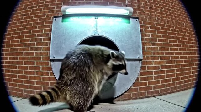 Curious wild raccoon exploring circular metal chute opening in red brick wall of building at night under bright outdoor illumination captured from wide angle fisheye lens perspective.