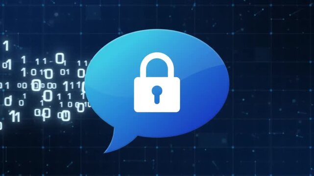 Modern digital security concept with futuristic lock icon and binary code speech bubble on tech background