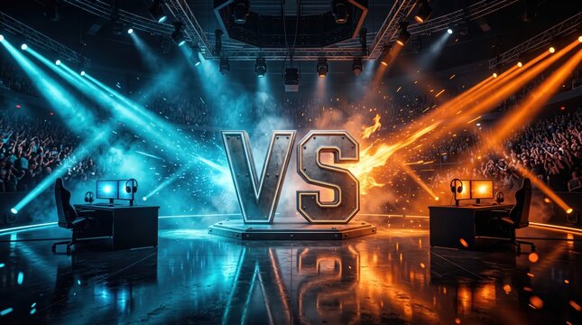 Esports competition stage with opposing gaming desks and central VS lettering. Live tournament arena with cheering audience. Competitive gaming, head-to-head match and digital entertainment.