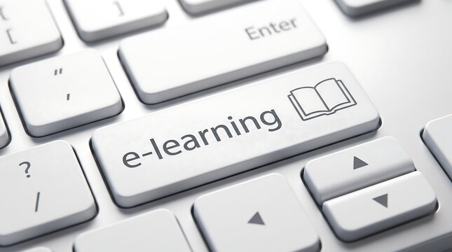 Modern White Computer Keyboard with E-learning Button and Book Icon for Online Education Digital Training Web Portal Marketing Banner Concept