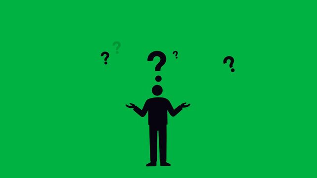 Confused person animation with floating question marks, uncertainty, problem solving, decision making, doubt, thinking process, and confusion concept on green screen.