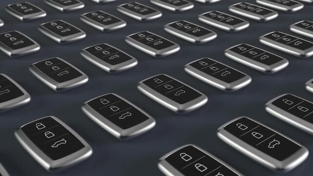 Modern Car Key Remote Fobs in Grid, Keyless Entry Automotive Technology 3D Animation Loop