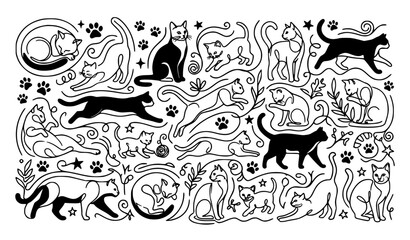Obraz premium Cat Contour Silhouette One Line Doodle Poster Black Vector Illustration