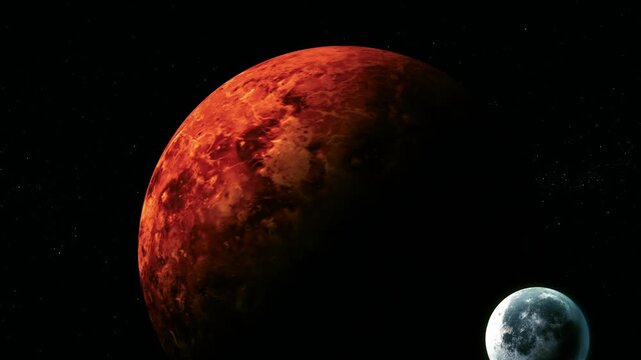 A large red planet and a small moon in dark space with stars, showing a dramatic outer space scene