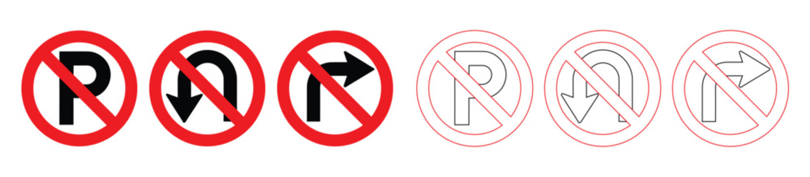 Traffic prohibition sign set featuring no parking symbol, no U-turn warning, and no right turn restricted direction mark in solid and thin line art vector illustration isolated   