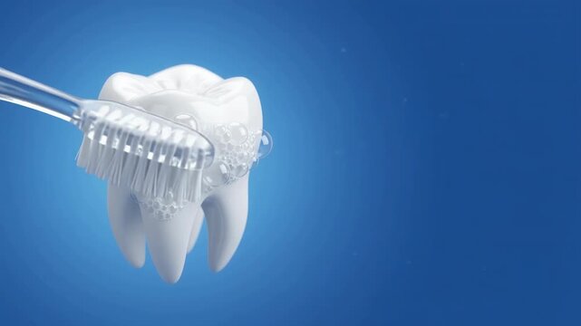 3D animation of a clean white human molar tooth floating against a gradient blue background, ideal for dental health and hygiene video concepts.