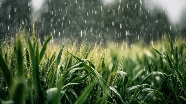 New green wheat seedlings grow in a field during springtime rain