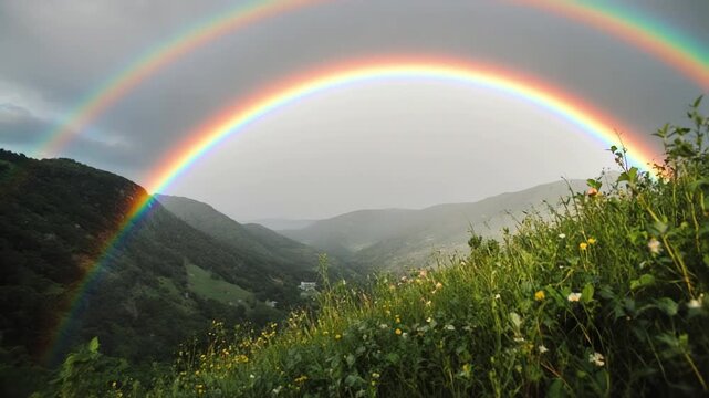 Double Rainbow Arching Over Green Mountains and Wildflower Field in Majestic Valley