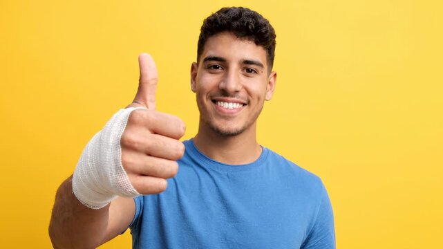 Young man with a bandaged hand giving a thumbs up, positive gesture of recovery and well-being, against a vibrant yellow background, conveying optimism and good health
