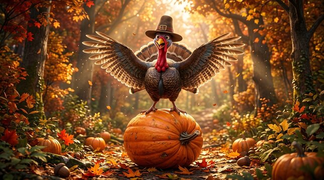 Festive thanksgiving turkey standing proud amidst autumn pumpkins and colorful fall foliage