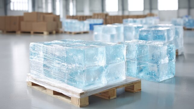 Ice block cold pack stored in logistics warehouse for frozen shipping in efficient insulated environment