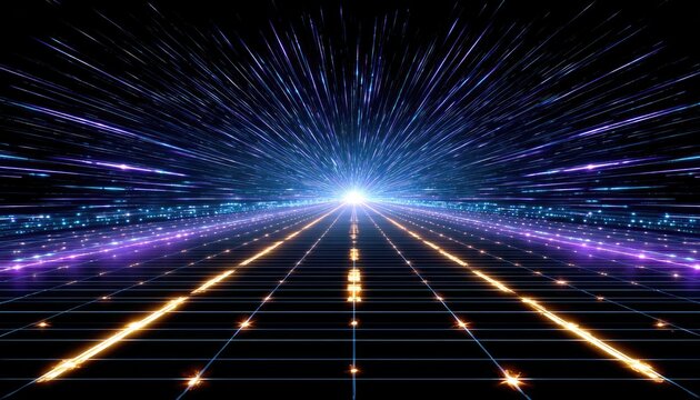 Cyberpunk highway, light streaks, digital tunnel